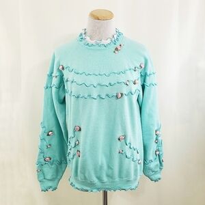 Vintage 80s grandmacore pastel aqua green sweatshirt floral ruffled size large